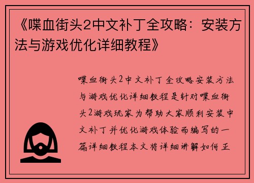 《喋血街头2中文补丁全攻略：安装方法与游戏优化详细教程》